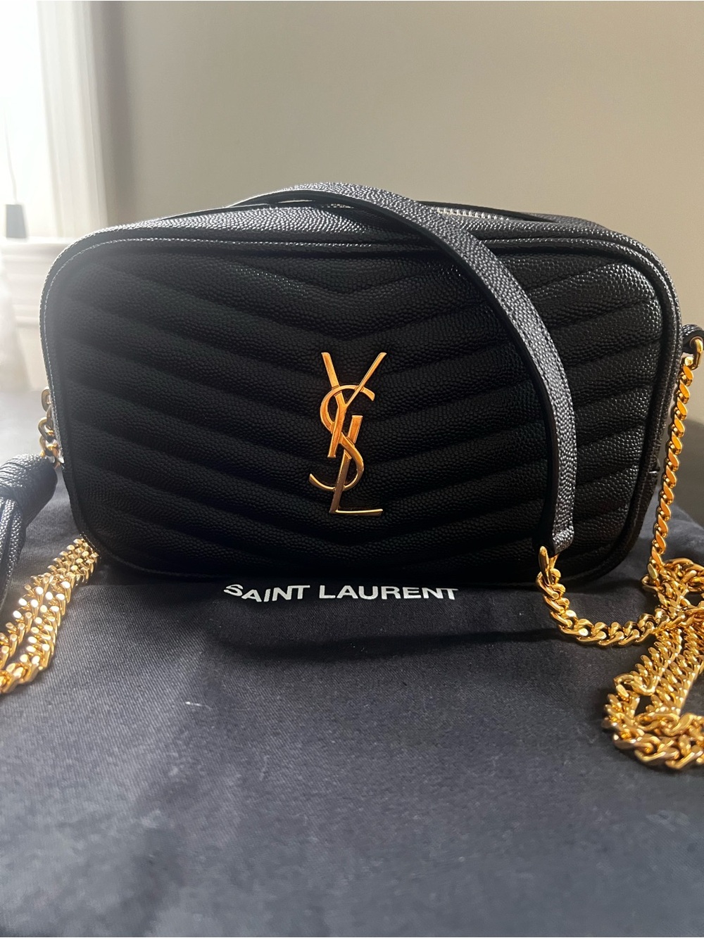 Saint Laurent Black Chevron Quilted Crossbody Camera Bag with Gold YSL Logo